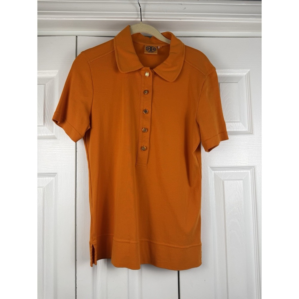 Tory Burch Women Orange Ribbed Short Sleeve Polo Shirt Size Large